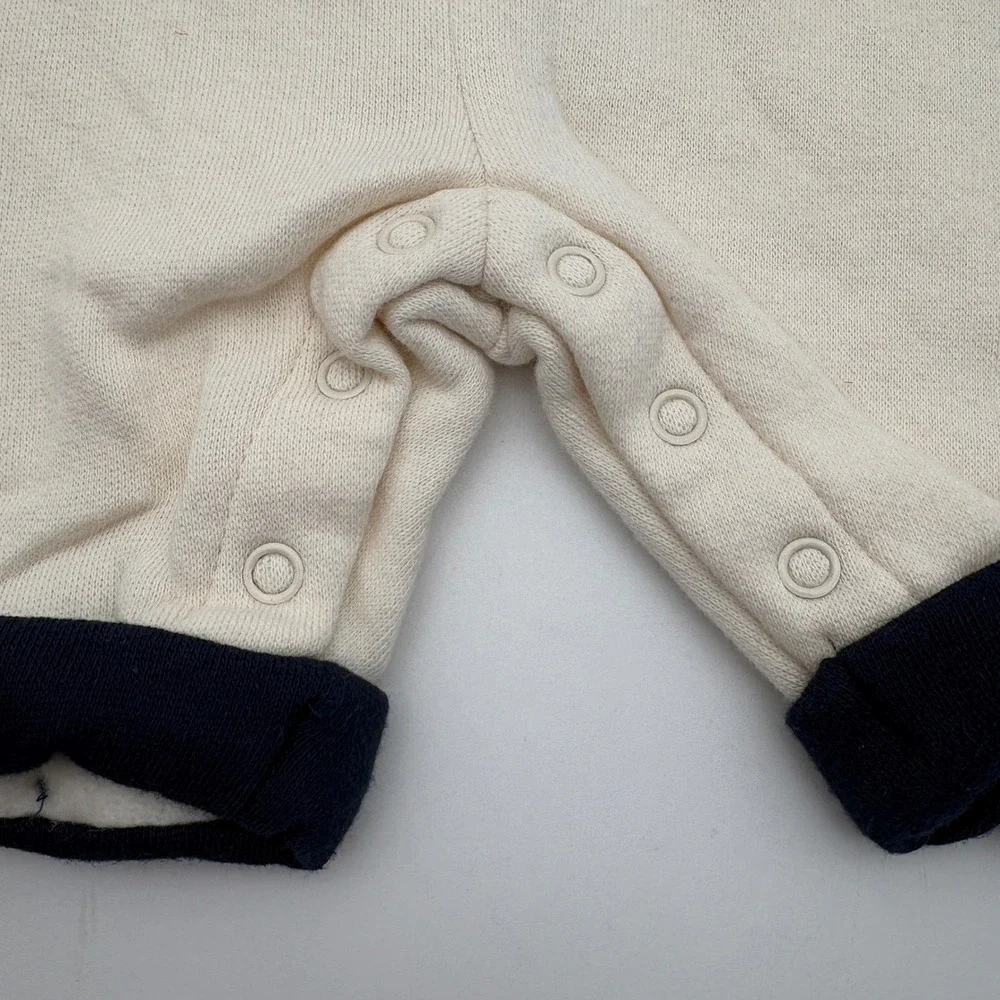 VTG Miniwear Baby Hooded Romper Cream Navy Puppy Embroidery 0-3M Fleece Lined‎